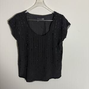 Eileen Fisher Womens Silk Top S Petite Black Beaded Cap Sleeve Lined